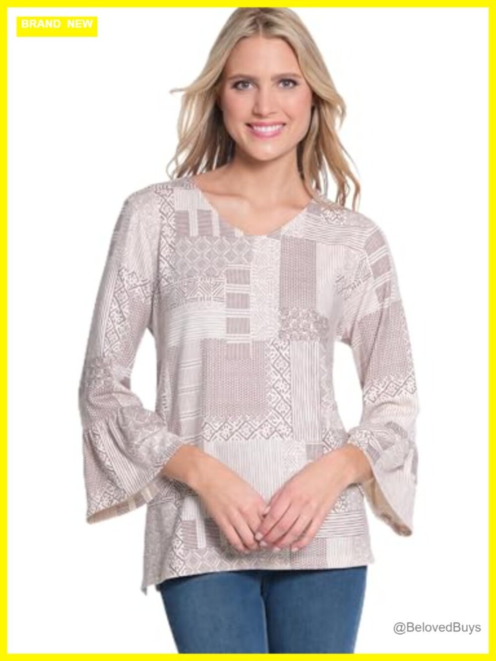 Women's Three Quarter Flounce Sleeve V-Neck Tunic Top Regular Fit